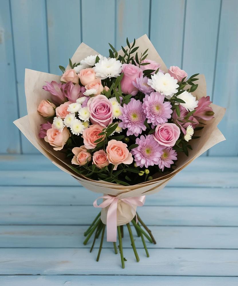 Букет цветов из: Хризантемы, Розы и Альстромерии в Каратузском