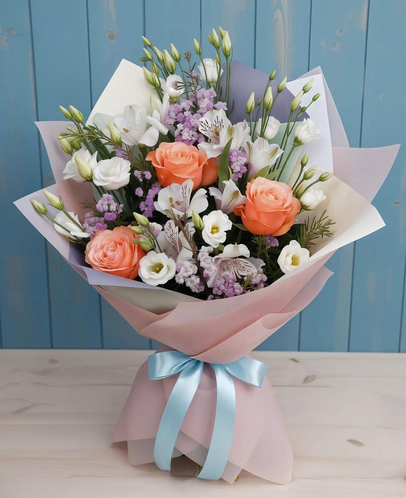 Букет цветов из: Лизиантусы, Розы, Альстромерии и Гипсофила в Каратузском