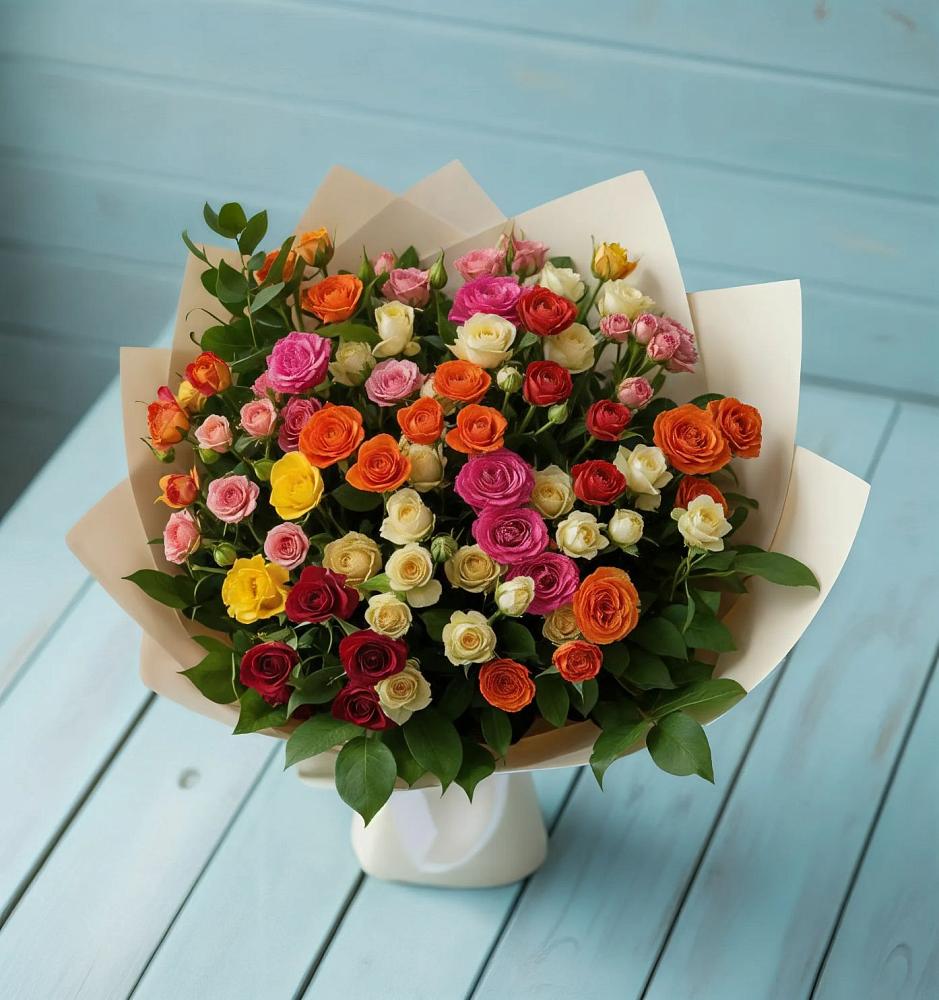 Букет Микс из разноцветных кустовых роз в Каратузском