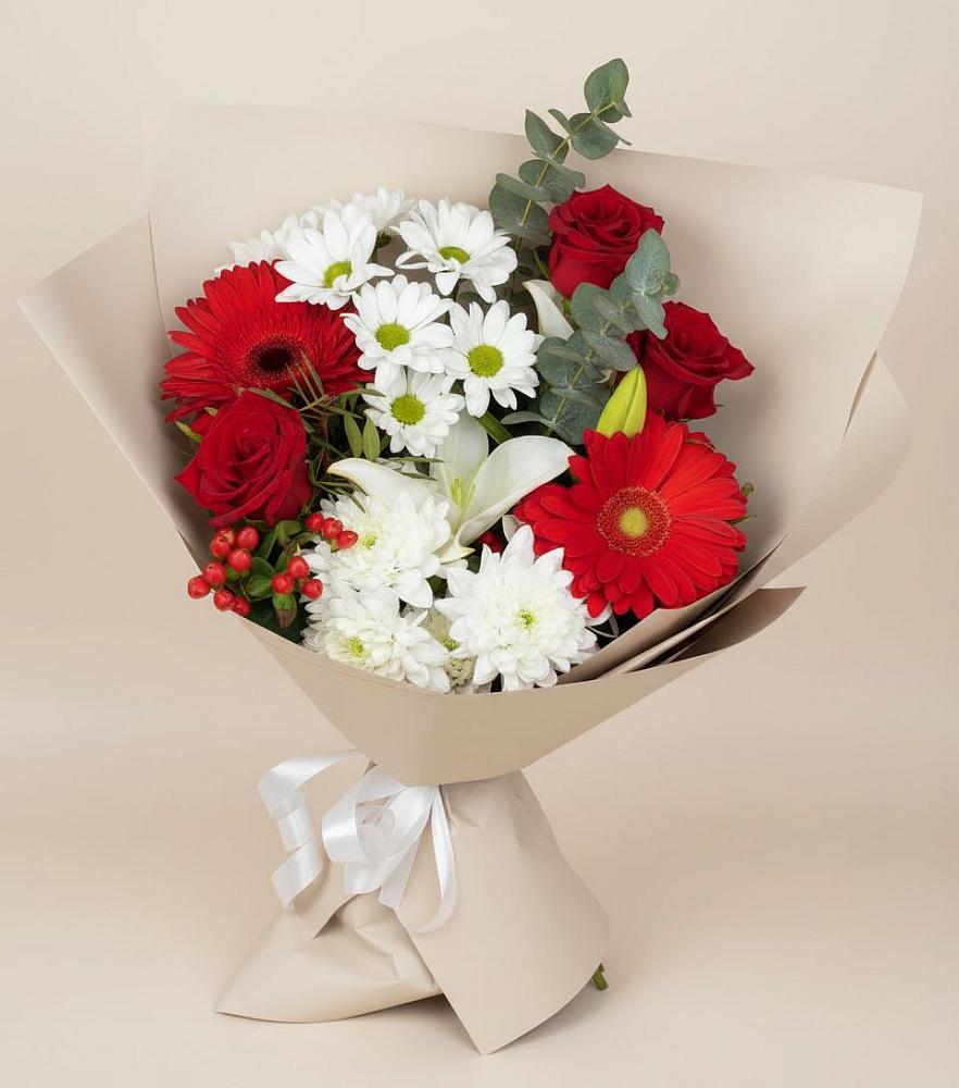 Букет цветов из: Розы, Хризантемы, Герберы и Лилии в Каратузском