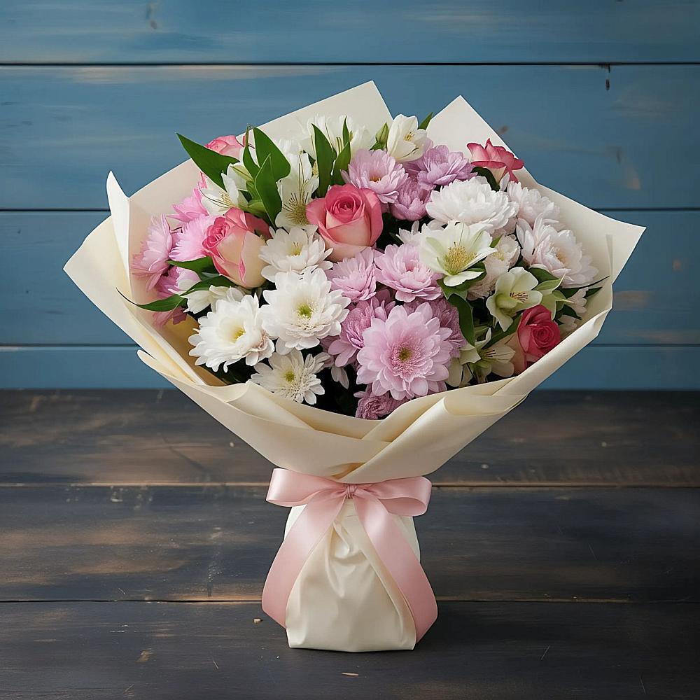 Букет цветов из: Хризантемы, Альстромерии и Розы в Каратузском